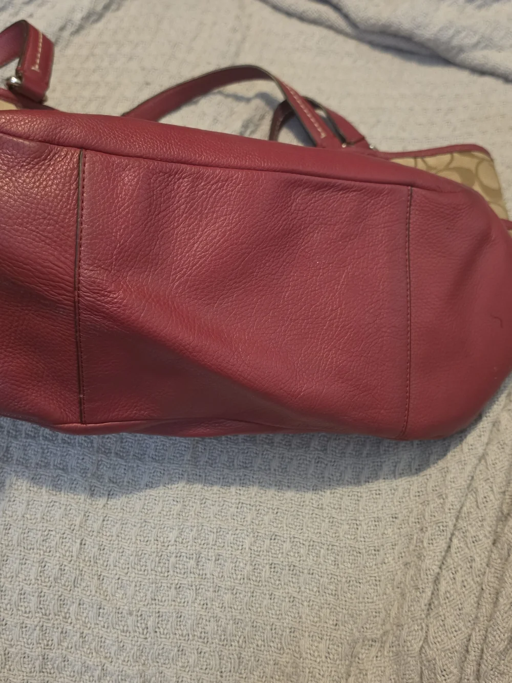 Coach Park Signature Carrie Tote Beige With Burgundy Trim